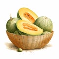 Realistic Watercolor Portrait Of Cantaloupe In Basket - Vector Illustration Royalty Free Stock Photo