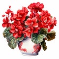 Realistic Watercolor Red Flowers In Vase: Detailed Begonia Clipart