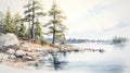 Realistic Watercolor Sketch: Pine Trees Along Lake In Archipelago Landscape