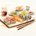 Realistic Watercolor Sushi Illustration With Chopsticks And Drinks Royalty Free Stock Photo