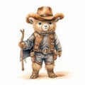Realistic Watercolor Teddy Bear In Cowboy Outfit Illustration