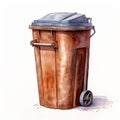 Realistic Watercolor Trash Can With Wheels On White Background