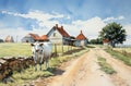 Realistic Watercolour Painting Of A White Cow On Road