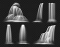 Realistic waterfall vector illustration set, clear water stream of waterfall, geyser or fountain falling down, flowing