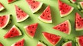 Realistic watermelon cone pieces in a seamless pattern on a colored background.