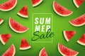 Realistic watermelon, summer sale banner. Season template with juice, whole or slice of water melon food. Organic