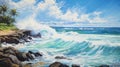 Realistic Wave Painting: Pacific Ocean Waves Crashing Onto Waimea Bay Shore