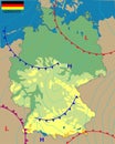 Realistic weather map of the Germany showing isobars and weather fronts. Meteorological forecast. Vector illustration