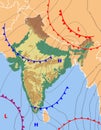 Realistic weather map of the India showing isobars and weather fronts. Meteorological forecast. Topography and physical map of