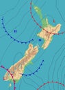 Realistic weather map of the New Zealand showing isobars and weather fronts. Meteorological forecast. Topography map. Vector