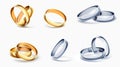 Realistic wedding rings. Romantic golden and silver elements. Precious jewely. Married couple accessories. Jewel circles