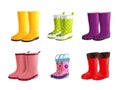 Realistic wellies. 3d gumboots, funny isolated wellington boots yellow rubber shoes for rain water safety in garden mud