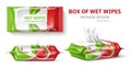 Realistic wet wipes design. Cleansing cosmetic wipes, antibacterial impregnation, family packaging different angles view