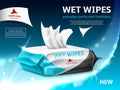 Realistic wet wipes poster. Sanitary antibacterial wipes, family packaging design, promotional banner, cleansing and