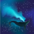 Realistic whale in space with a fountain and star vector. Royalty Free Stock Photo