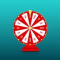 Realistic wheel of fortune with prizes isolated on background. Red gambling roulette and fortune wheel concept