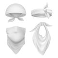 Realistic white bandana. Blank scarf and buff mockup, isolated handkerchief and face bandage template. Vector kerchief