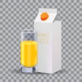 Realistic white blank paper package and glass for milk, juice. Isolated on transparent grid, for design and branding. Transparent Royalty Free Stock Photo