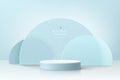 Realistic white and blue 3D cylinder pedestal podium with geometric semi circles blue scene. Minimal scene for mockup product