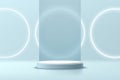 Realistic white and blue 3D cylinder pedestal podium with illuminate ring neon and rectangle backdrop. Abstract mnimal scene for Royalty Free Stock Photo