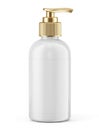 Realistic white bottle with gold batcher pump, for gel, soap, body wash, lotion, shampoo, on a white background. Template mockup
