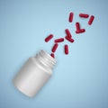 Realistic white bottle with Pills. Medical capsules container with capsules, tablets. 3d vector eps 10 illustration Royalty Free Stock Photo