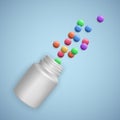 Realistic white bottle with Pills. Medical capsules container with capsules, tablets. 3d vector eps 10 illustration Royalty Free Stock Photo