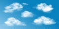 Realistic white clouds set. Vector collection of 3d smoke or fog. Natural cumulus clouds design elements on transparent Royalty Free Stock Photo