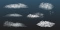 Realistic white clouds set. Vector collection of 3d smoke or fog. Natural cumulus clouds design elements on transparent Royalty Free Stock Photo