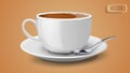 Realistic white coffee cup, side view. Classic espresso with teaspoon vector illustration