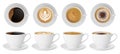 Realistic white coffee cup top view. Isolated cappuccino, espresso and latte. Cafe cups 3d mockup. Morning energy drinks