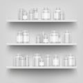 Realistic white 3d medicine blank bottle for pills on pharmacy shop shelves display vector template