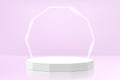 Realistic white 3D polyhedron pedestal podium with glowing neon polyhedron on purple background. Pastel minimal wall scene for