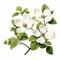 Realistic White Dogwood Blossom With Green Leaves Vector