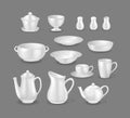 Realistic white glossy dishes set. 3d ceramic crockery, dishware mockup template