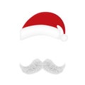 Realistic white gray mustache, holiday hat, Santa Claus element, Christmas New Year on red background - Vector Royalty Free Stock Photo