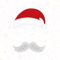 Realistic white gray mustache, holiday hat, Santa Claus element, Christmas New Year on red background - Vector Royalty Free Stock Photo