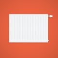 Realistic White Heating Radiator With Regulator On Orange Wall.