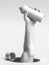 Realistic white human hand holding aerosol paint can with empty space. 3d rendering. Minimalism. rebel concept