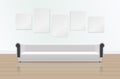 Realistic white long soft sofa with reflection on the floor. Luxury couch and pictures on the wall. Modern living room Royalty Free Stock Photo