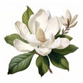 Realistic White Magnolia Flower Illustration With Green Leaves