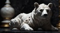 Realistic white marble bear statue on plain black ai generated