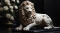 Realistic white marble lion statue on plain black ai generated
