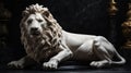 Realistic white marble lion statue on plain black ai generated