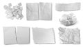 Realistic white paper. Crumpled and cut papers. Isolated blank notebook page with torn edges. Isolated ripped sheet