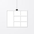 Realistic white paper photo frame hanging with binder clips. Template collage vector illustration isolated. Mock up for Royalty Free Stock Photo