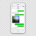 Realistic white phone template with green chat messenger on screen. Vector detailed illustration isolated on transparent