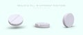 Realistic white pill in different positions. Round tablet is split in half Royalty Free Stock Photo