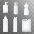 Realistic white plactic bottles. Dispenser, liquid detergent, spray package mock up. Vector.