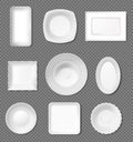 Realistic white plate, top view empty dishes, porcelain dinnerware. Dinner plates and bowls, kitchen crockery, ceramic